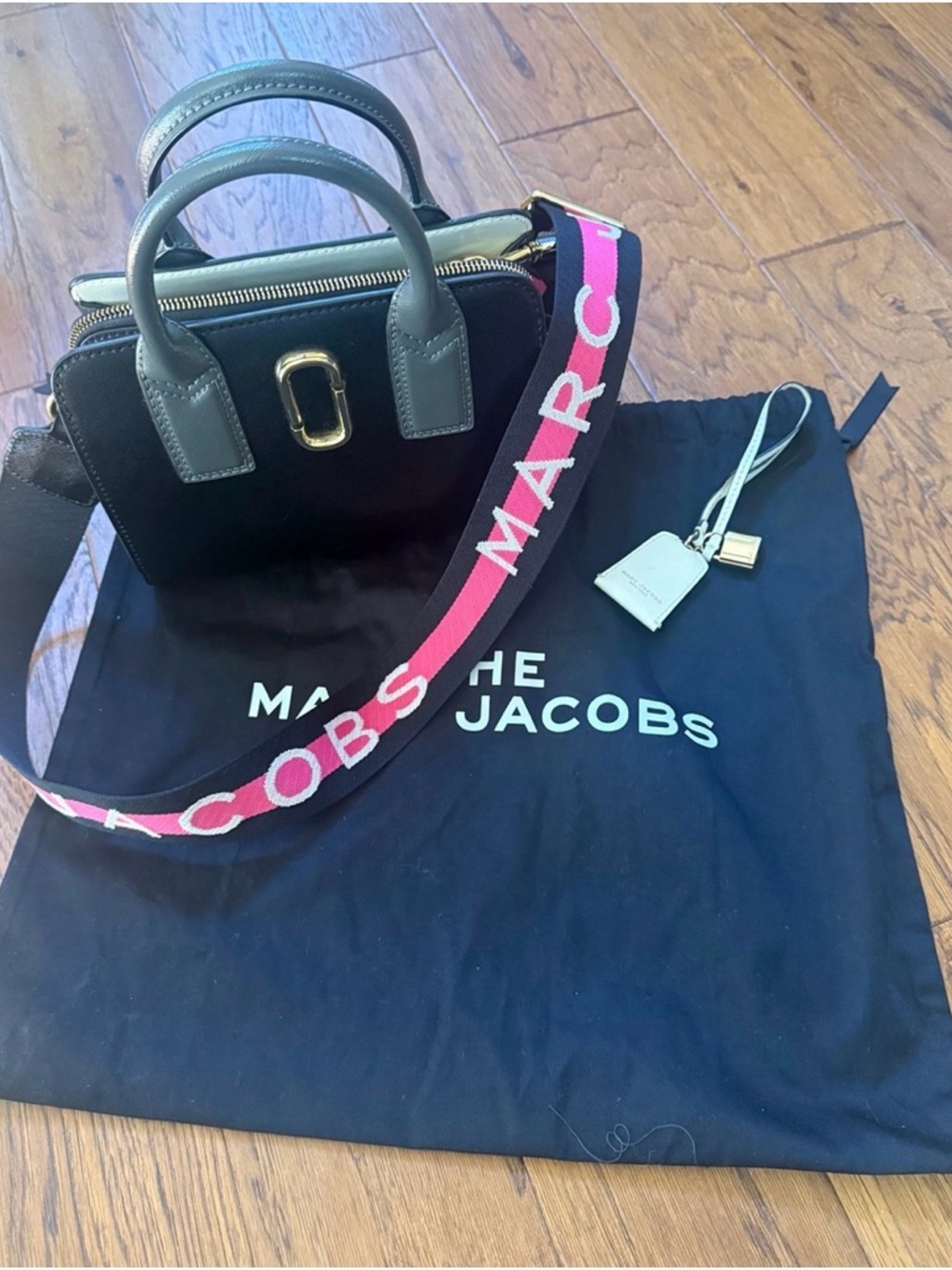 Marc Jacobs Black Satchel with Olive Handles and Pink Logo Strap